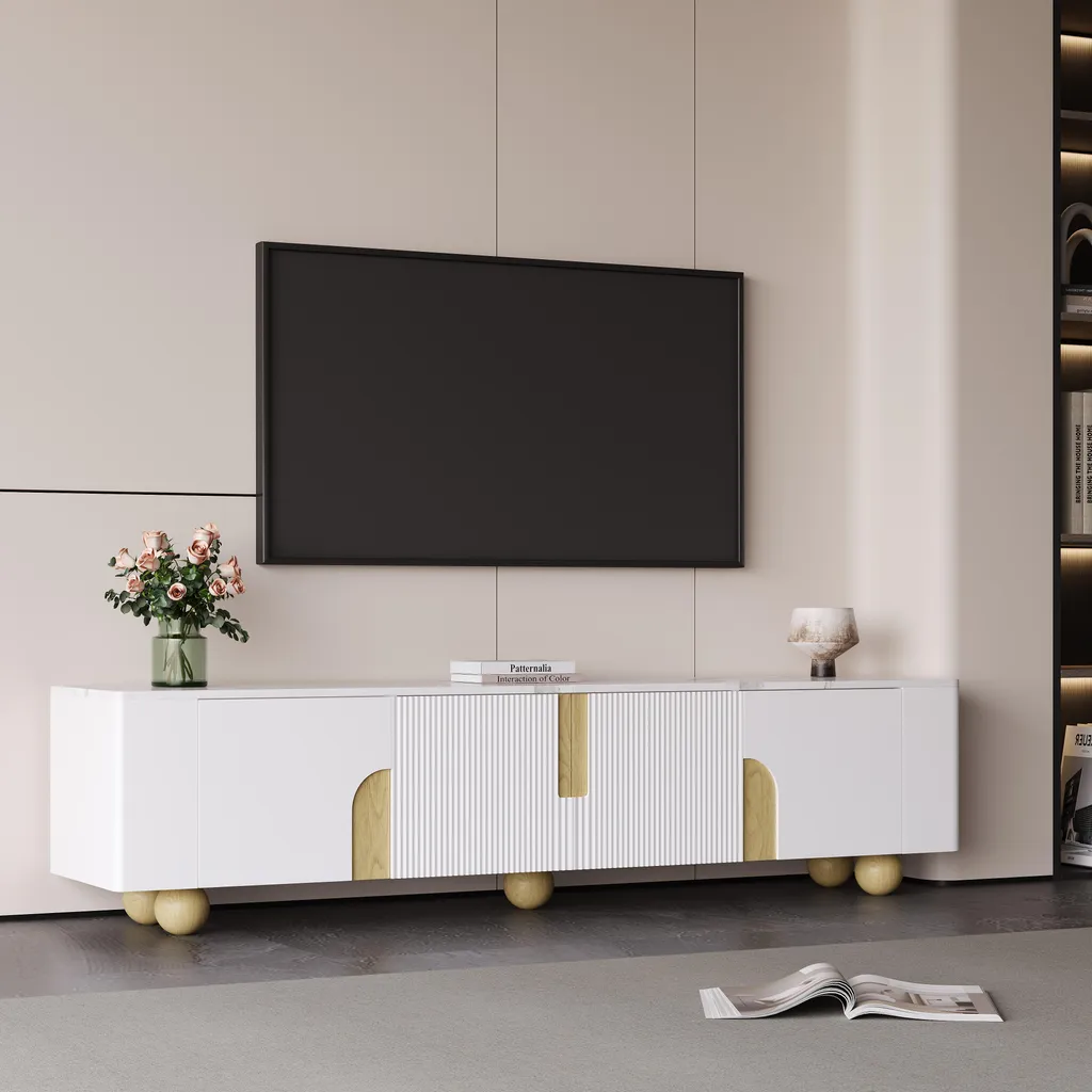 Merax Meuble TV 180cm Blanc Aspect Marbre avec Pieds en Bois Massif