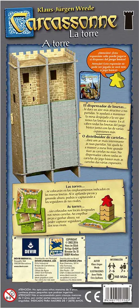 Carcassonne La Tour Devir Extension avec Distributeur de Tuiles Inclus