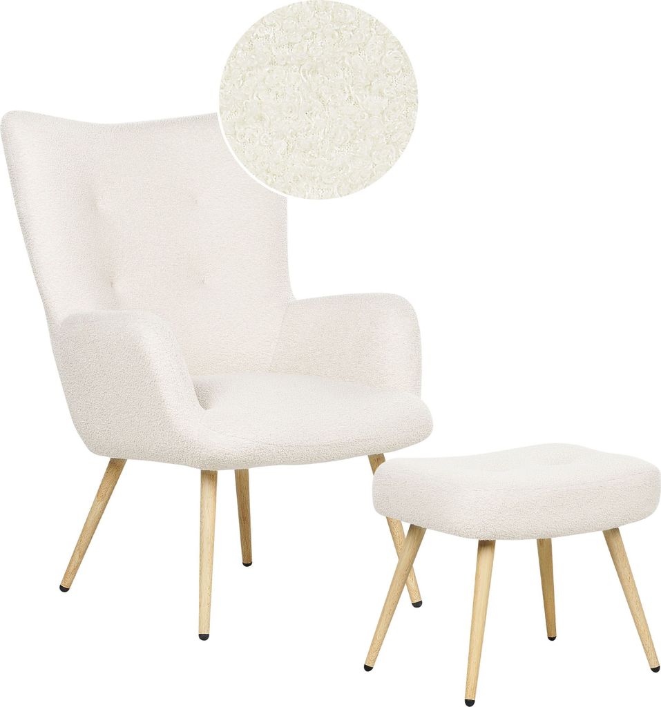 BELIANI Ohrensessel mit Hocker Cremeweiß Stoffbezug Bouclé Gesteppt Teddy-Optik Metallbeine Wohnzimmer Schlafzimmer Sessel Polstersessel Armsessel
