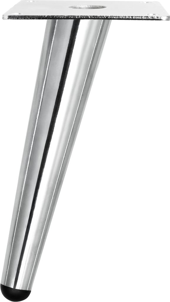 A single metal furniture leg with a silver finish and a black rubber foot.