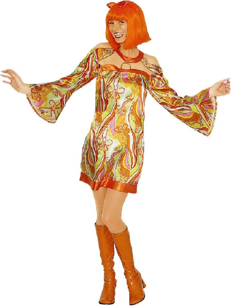 K31250234-32-34 orange bunt Damen Hippykleid Discokostüm Gr.32-34