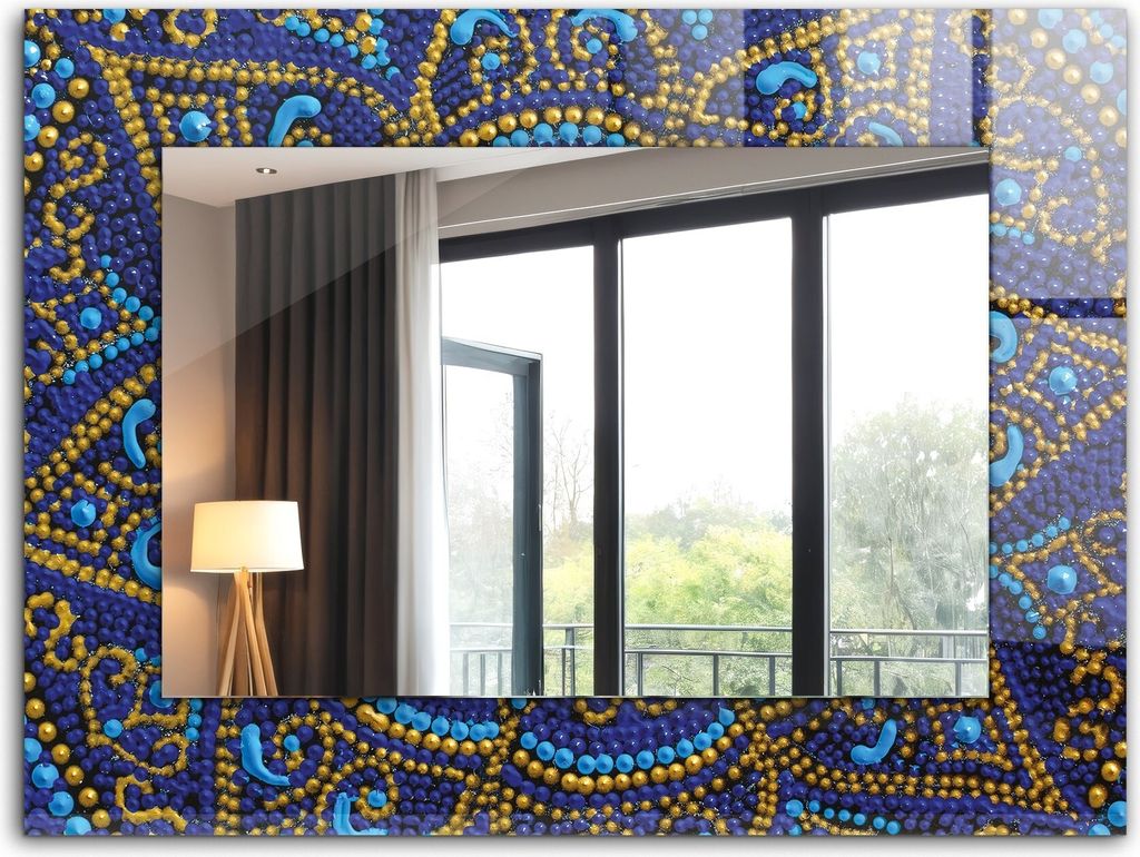 Dekorativer Wandspiegel - Bedruckter Spiegel - Motiv - 80x60 cm - Blau Gepunktetes Mandala