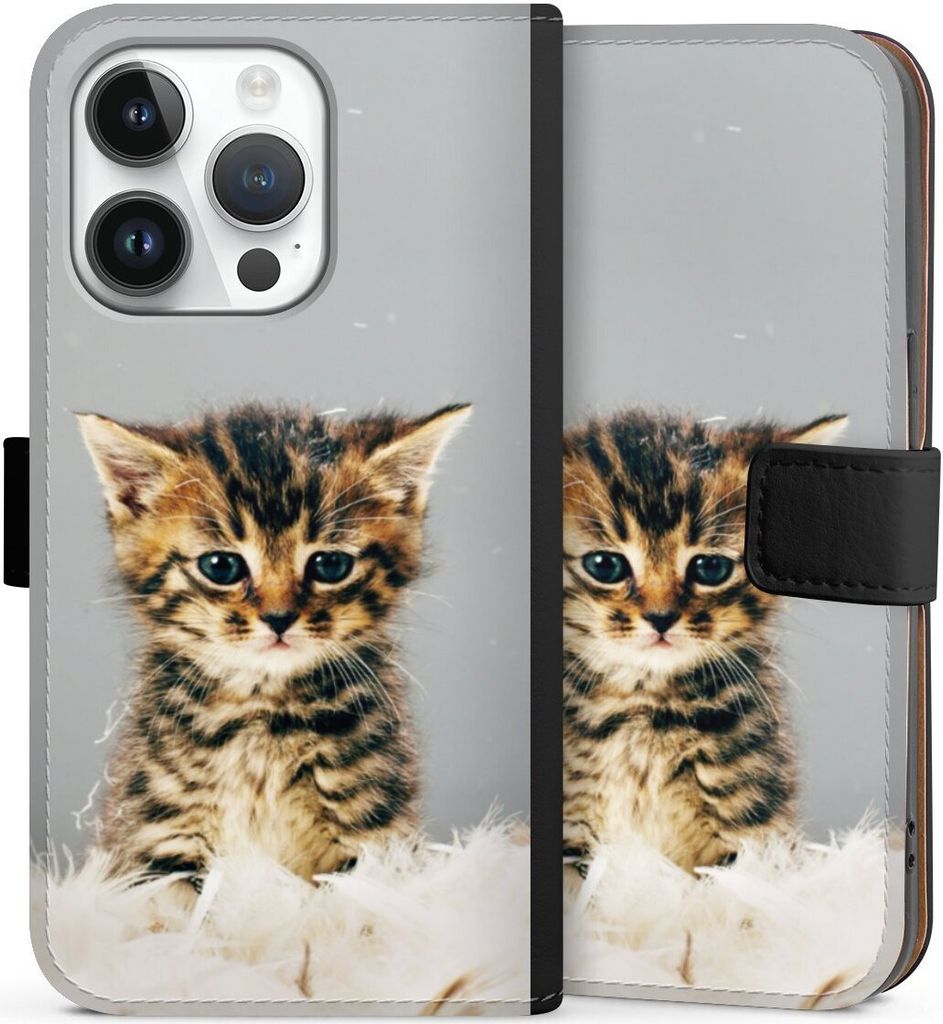 DeinDesign Klapphülle für Apple iPhone 14 Pro Handytasche Lederhülle Tasche Feder Haustier Katze
