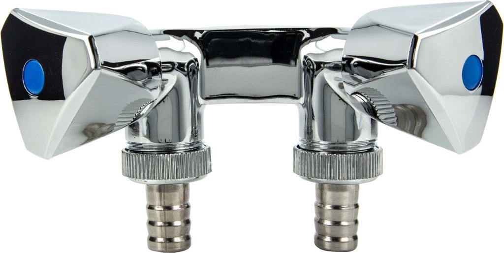 A chrome-plated double device valve with two outlets and hose connectors.