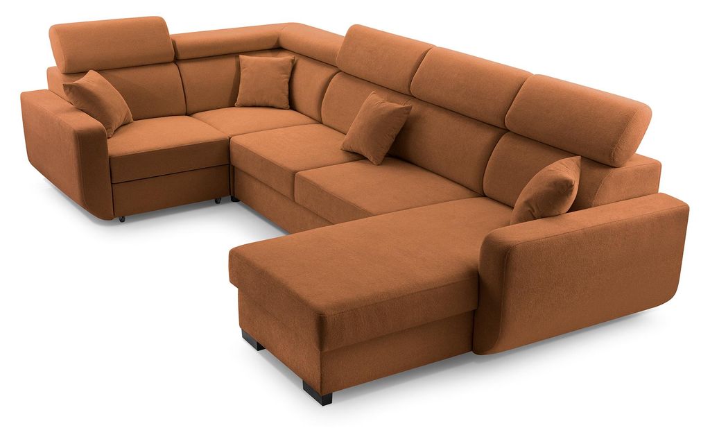 Masseno Ecksofa CASTELLO mit Schlaffunktion U-Form, Sofa mit Bettkasten, Wohnzimmersofa, Couch, Soffa, Bettsofa, Couchgarnitur- Orange, VELO 627