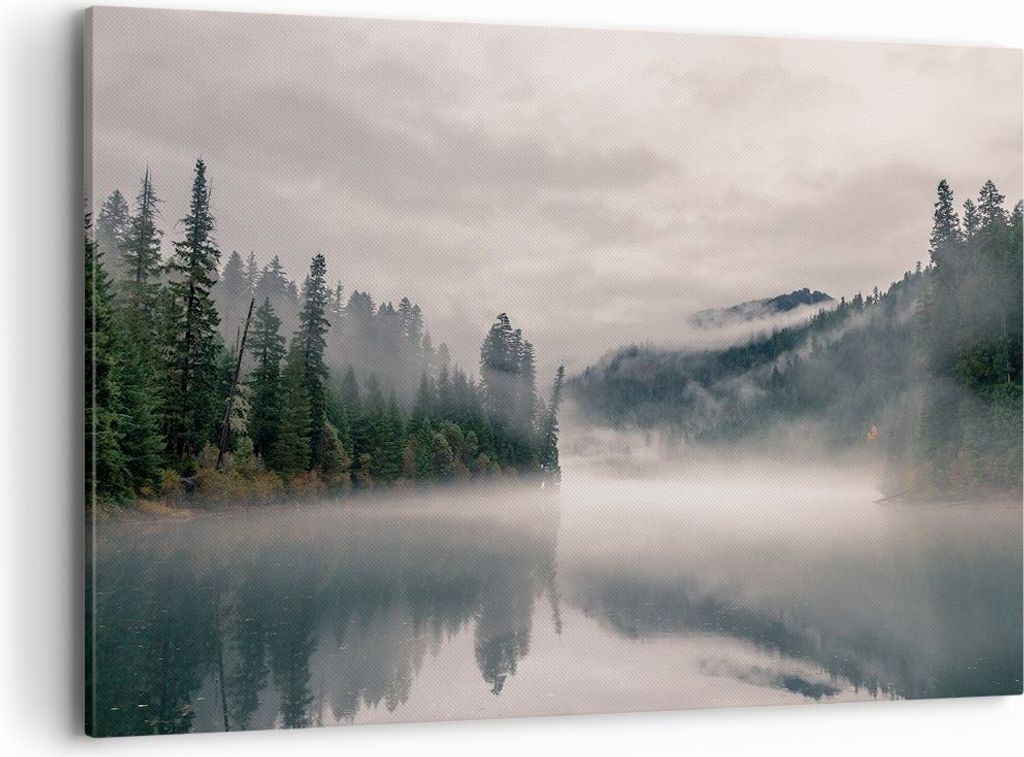 Bild auf Leinwand - Leinwandbild - Einteilig - Reflexion Nebel Landschaft - 120x80cm - Wand Bild - Wanddeko - Wandbilder - Leinwanddruck - Bilder -...