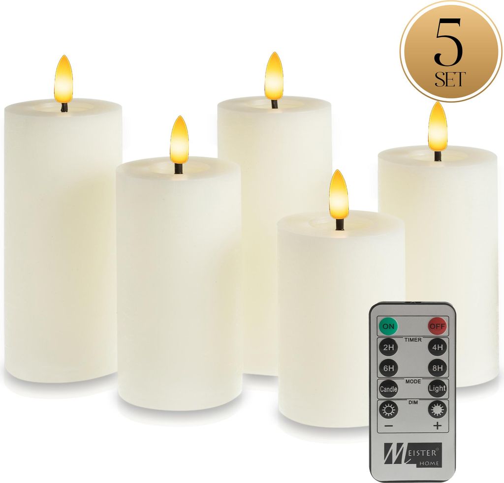 Meisterhome LED Stumpenkerzen 5er-Set – LED Kerzen - Flammenlose Kerzen im Rustik-Design – Ø 7 cm, Höhen 10/12,5/15 cm – Warmweißes flac...