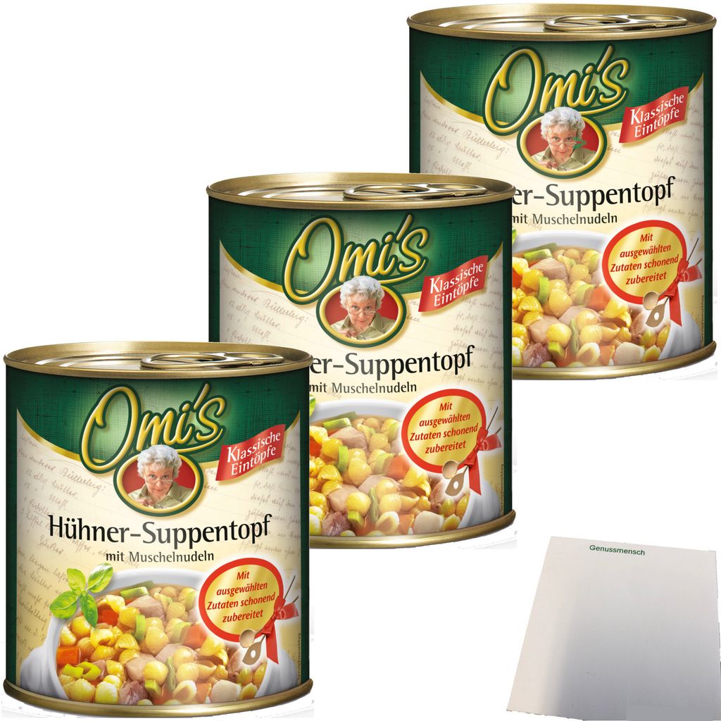 Omi ́s Hühner-Suppentopf mit Muschelnudeln 3er Pack (3x800g Dose) + usy Block