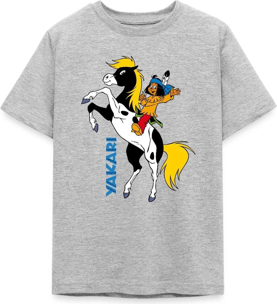 Spreadshirt Yakari Winkt Auf Pferd Kleiner Donner Teenager T-Shirt, 134/146 (9-11 Jahre), Grau meliert