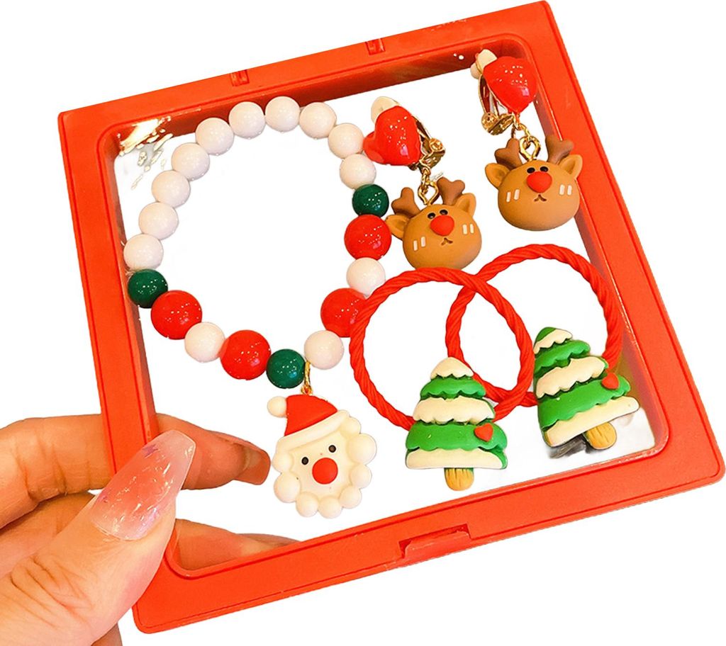 5-teiliges Weihnachtsschmuck-Set mit Armband und Ohrringen, handgefertigt, bunte Perlen, Weihnachtsmann, Rentier und Baumanhänger, Geschenk für K...