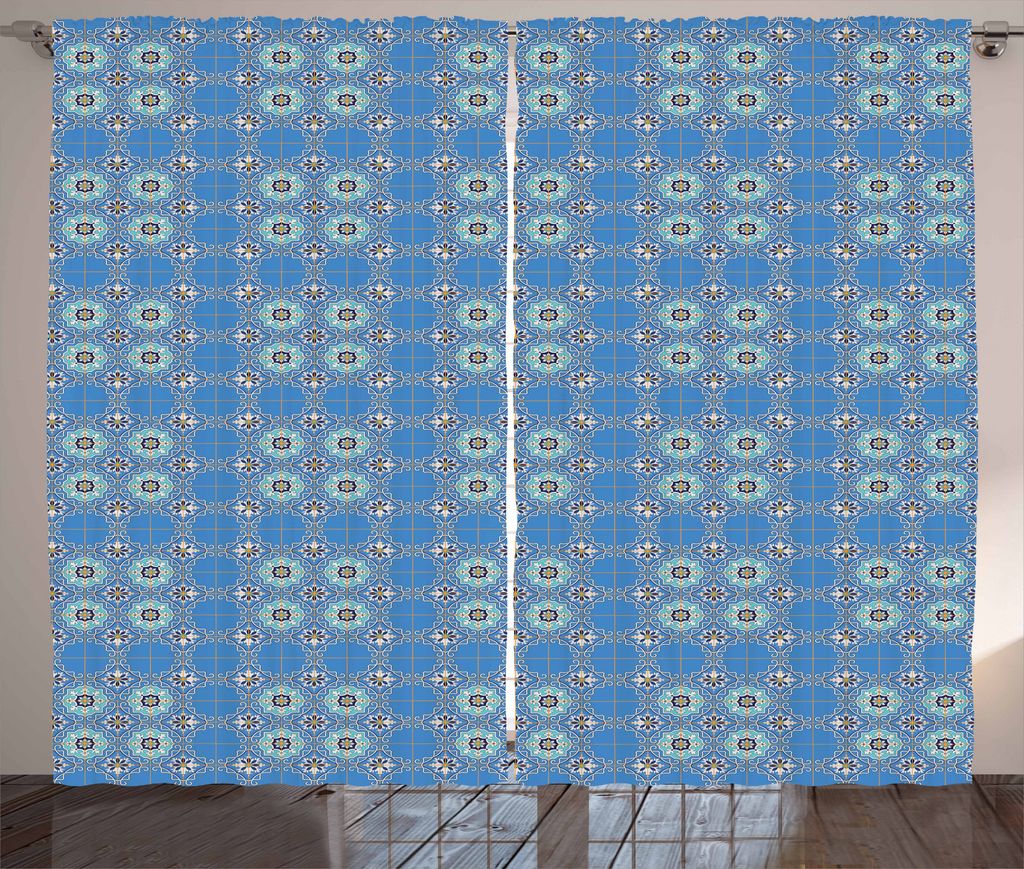 ABAKUHAUS marokkanisch Rustikaler Gardine, Patchwork-Art-Blau, Schlafzimmer Kräuselband Vorhang mit Schlaufen und Haken, 280 x 175 cm, Blau Aqua O...