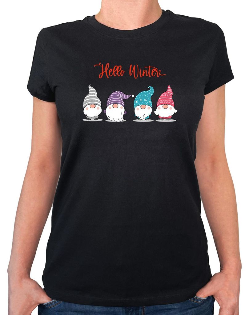 Huuraa Damen T-Shirt Hello Winter Wichtel Weihnachtself L Black Bio Baumwolle Fairtrade Damenshirt Geschenkidee