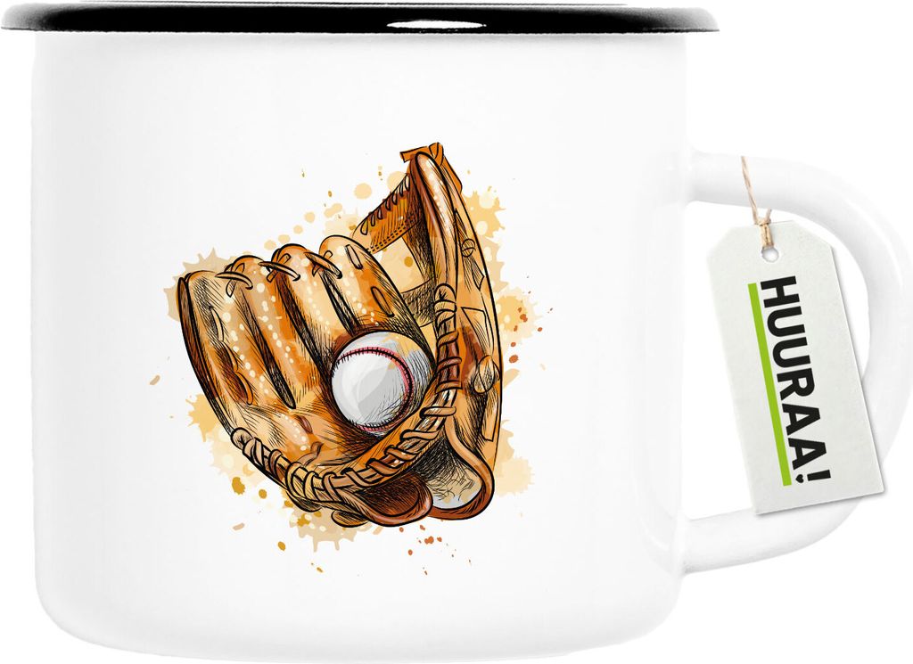 Huuraa Emaille Tasse Baseballhandschuh und Ball Spieler bunte Silhouette 300ml Vintage Campingbecher Geschenkidee