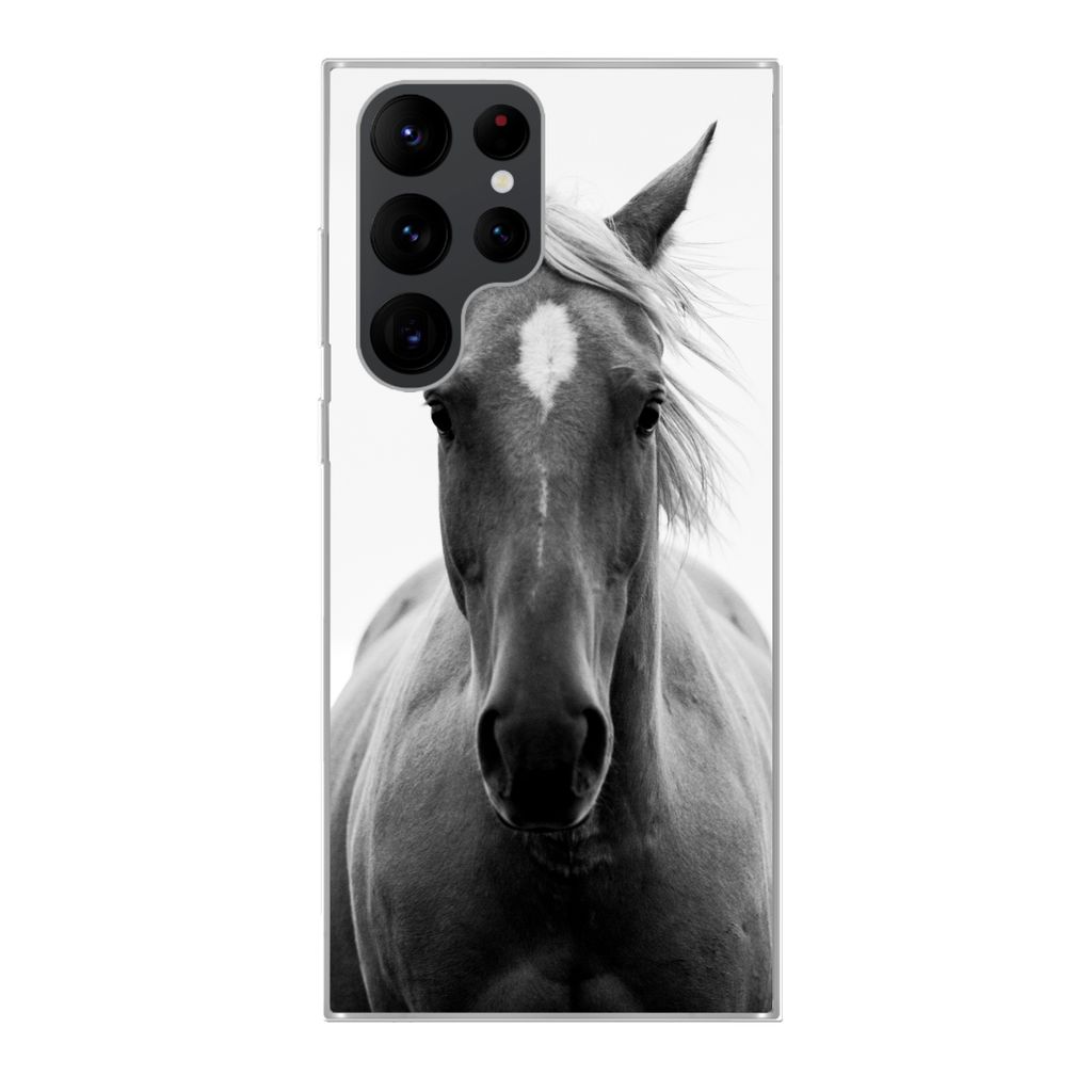 MuchoWow Handyhülle Schutzhülle Hülle für Samsung Galaxy S22 Ultra Pferd - Schwarz - Weiß - Porträt Silikon Softcase Handy Hülle - Abbildung