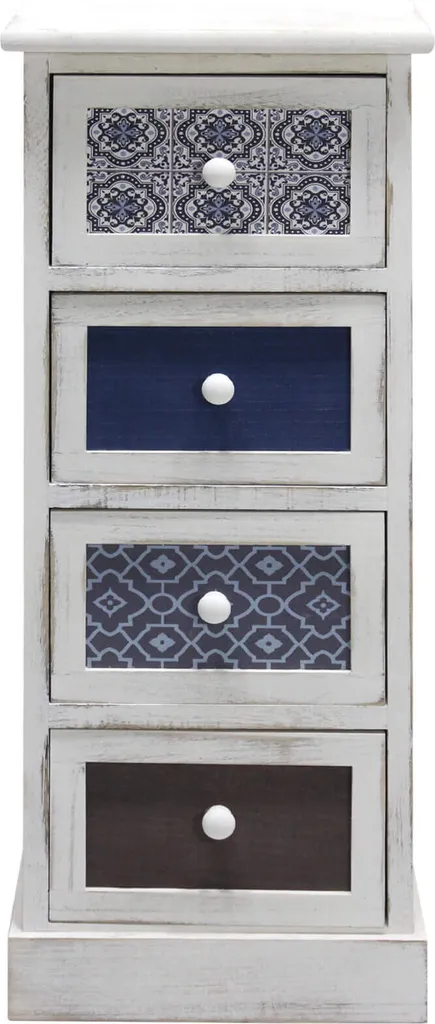 Rebecca Mobili Cassettiera Legno Vintage 4 Cassetti Bianco Blu Grigio