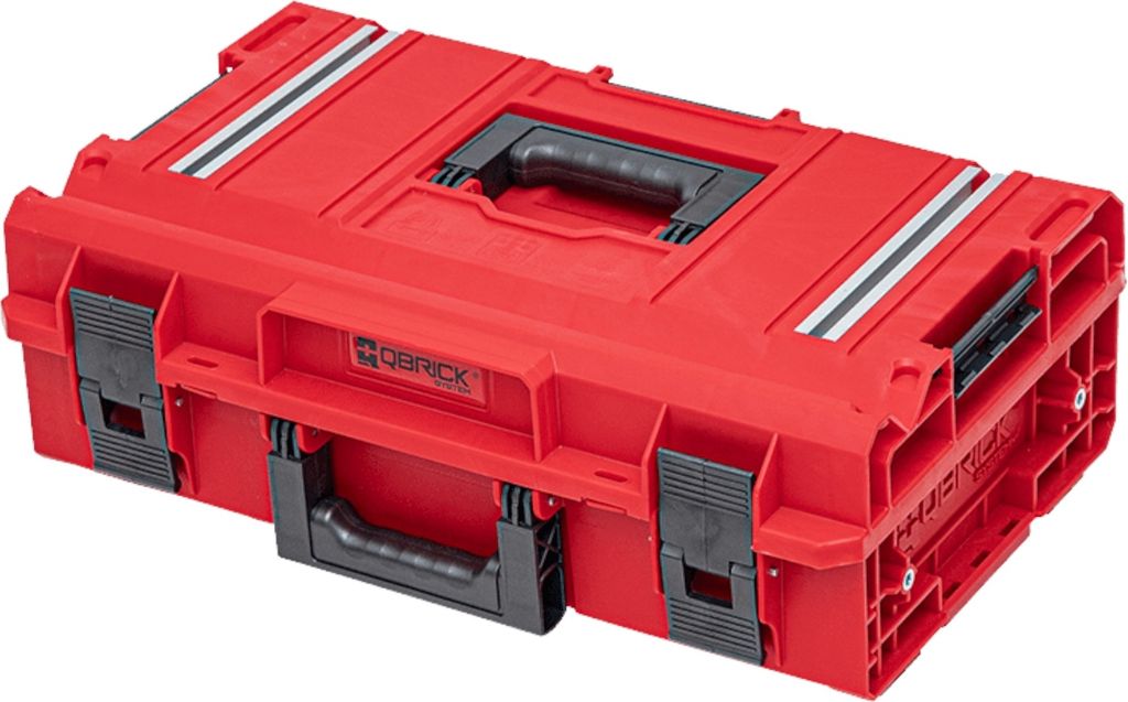 A red modular tool case with black handles and latches, shown from a diagonal angle against a white background.