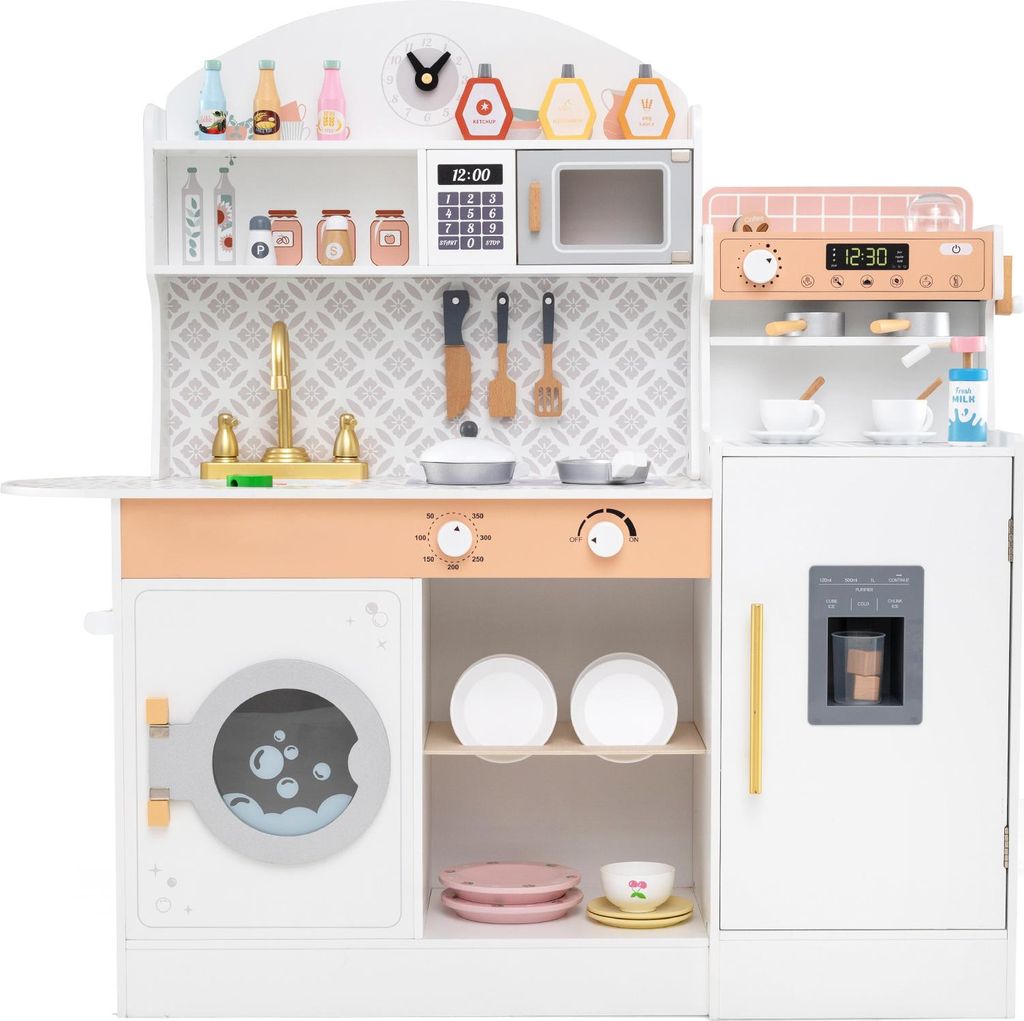 DREAMADE Kinderküche, Holz-Küchenset mit Uhr, Herd, Spüle, Kaffeemaschine, Eiswürfelmaschine & Waschmaschine, Mikrowelle, für 3 Jahre+, Weiß