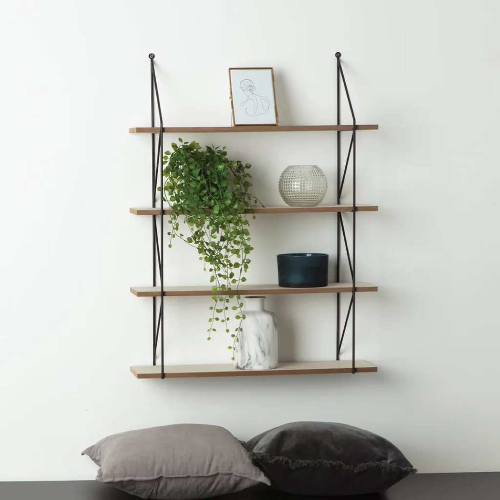 Étagère murale industrielle 81x60 cm bois marron et métal noir - 3 niveaux
