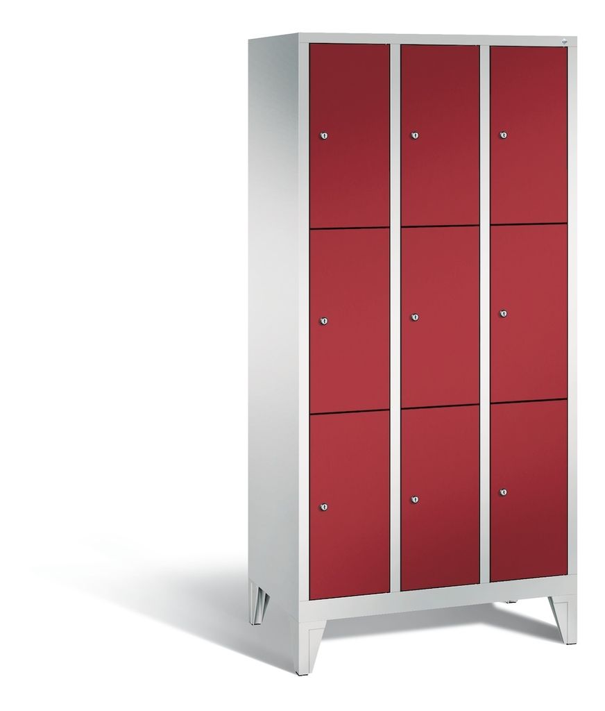 Fächerschrank, BxTxH 900x500x1850 mm, 3x3 Fächer, Abt.B 300 mm, Füße, Schloss, glatte Türen, RAL 7035/3003