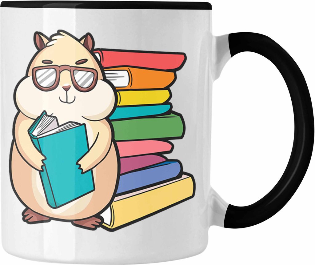 Trendation - Hamster Lesen Tasse Geschenk Leseratte Grafik Geschenkidee Bücher Lesen (Schwarz)