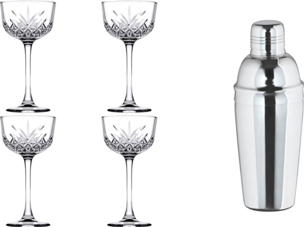 James Cooke, Nick & Nora Cocktailset, 5 teilig, 4 Cocktailgläser 16 cl + 1 Shaker 0,7 Liter Edelstahl