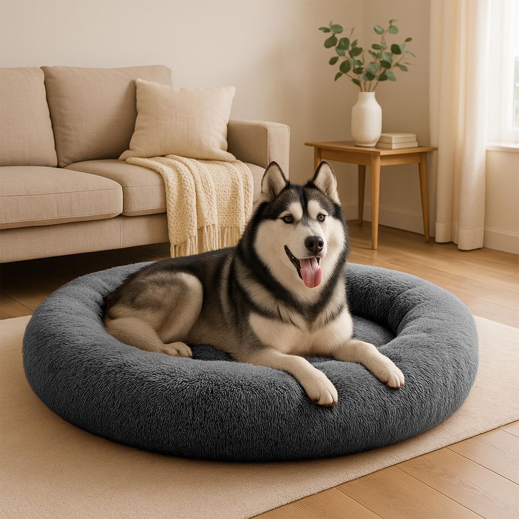 belviona Donut-Hundebett, kuscheliges Plüschbett mit weicher Füllung, sicherem Halt & ergonomischem Rand, 120 cm Durchmesser, anthrazit