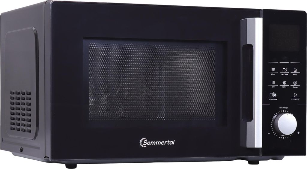 A black microwave oven with a silver handle and control panel is shown against a white background.