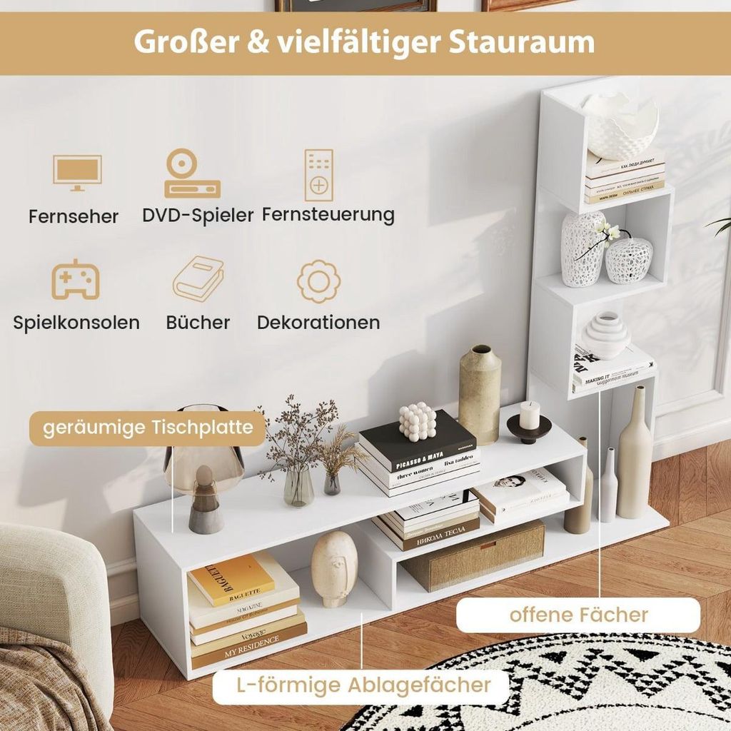 TV-Ständer mit Bücherregal, passend für Fernseher bis zu 50 Zoll, Weiß