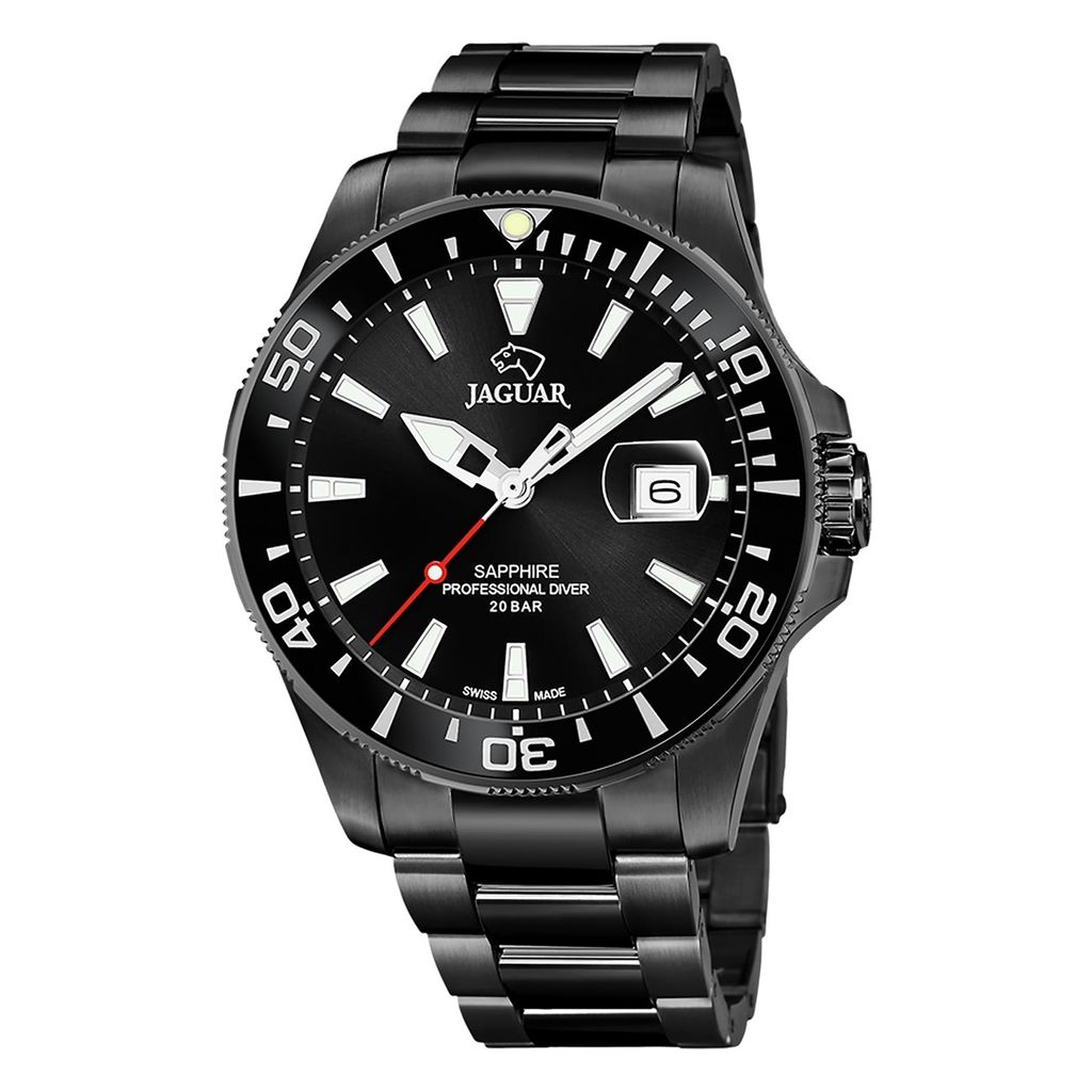 A black Jaguar professional diver watch with a metal band, shown from a front-facing angle against a white background.