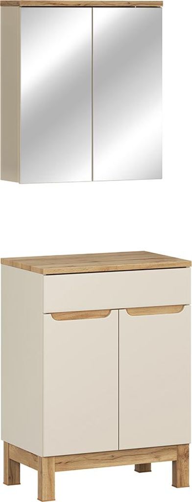 Badmöbel-Set 2-teilig mit 60 cm Waschtischschrank & Spiegelschrank in kaschmir und Eiche, modern grifflos - SOLNA-56-CASHMERE