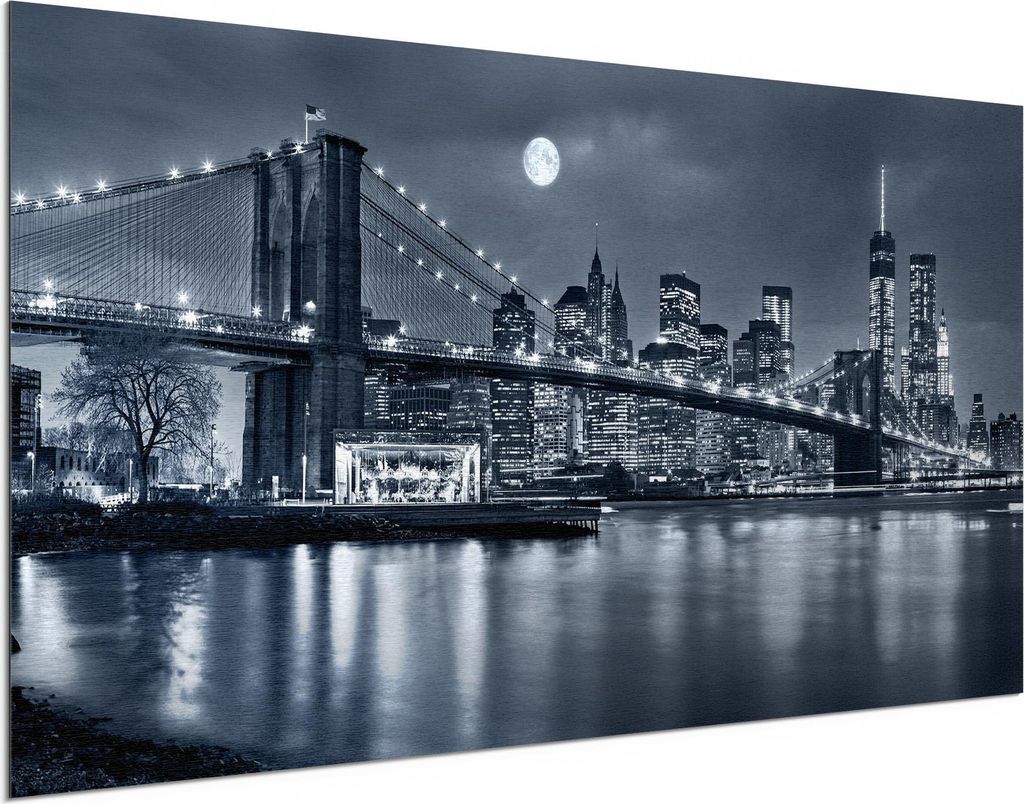 DEQORI Alu-Dibond Bild Silber 100x50 cm 'Vollmond über New York' Wandbild Metall dünn