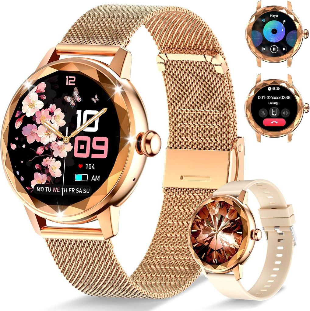 Damen Smartwatch mit Telefonfunktion, 123 Sportmodi, IP67 wasserdicht, Fitnessuhr, Schlafanalyse, Menstruationszyklus, Deutsch unterstützend, Gold