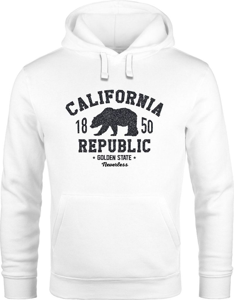 Hoodie Herren California Republic Kalifornien Grizzly Bär Bear Aufdruck Print Kapuzen-Pullover Männer Neverless weiß XS