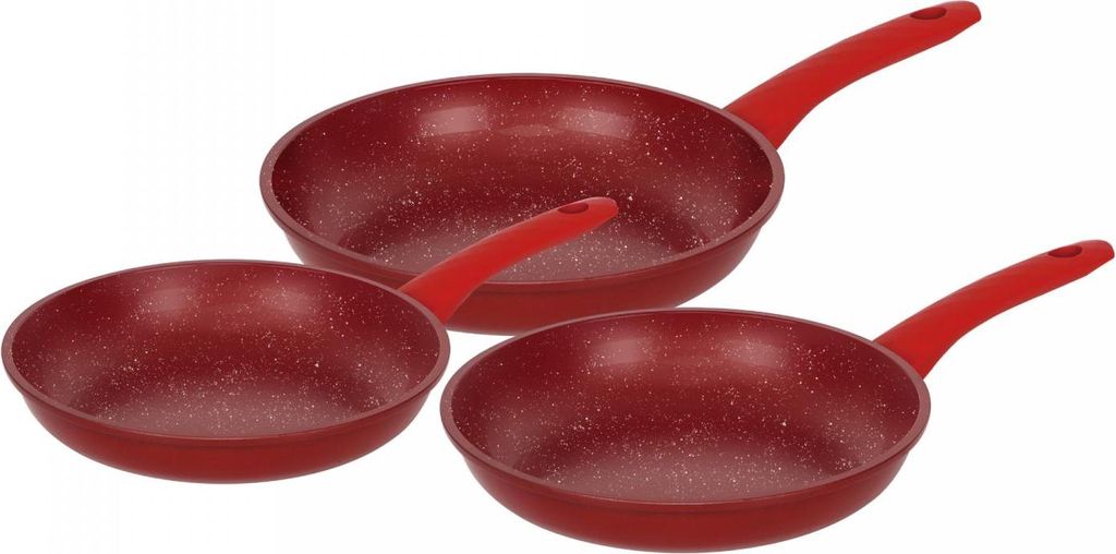 Herzberg HG-04807RED: 3-Teiliges Bratpfannenset mit Marmorbeschichtung - Rot