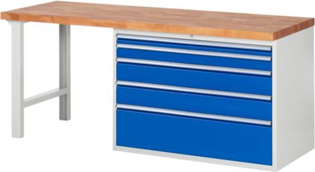 Werkbank mit 5 XXL Schubladen - Vollauszug - 60:1 / 90:1 / 150:2 / 270:1 - 840 x 2.000 x 700 mm (HxBxT) - Traglast 1.000 kg - Buche