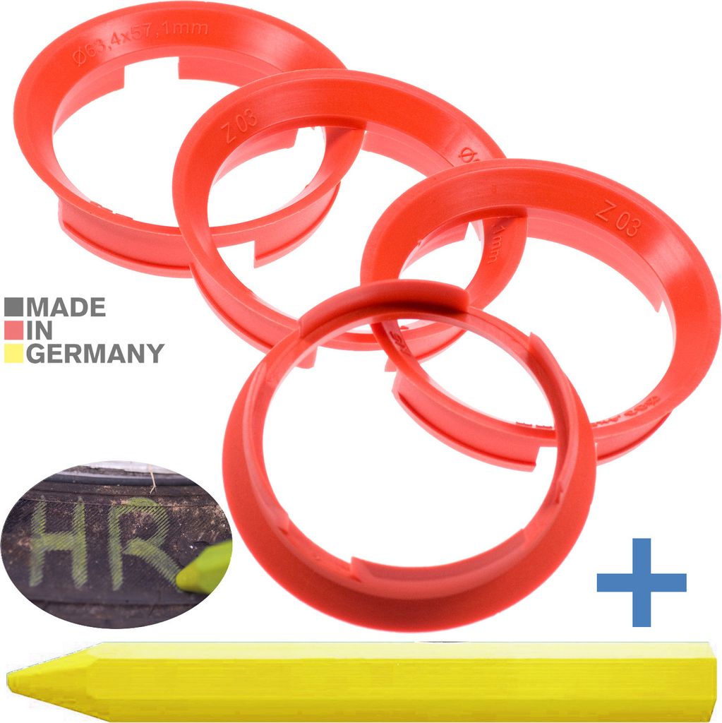 4X Zentrierringe 63,4 x 57,1 mm Rot Felgen Ringe + 1x Produktbild 