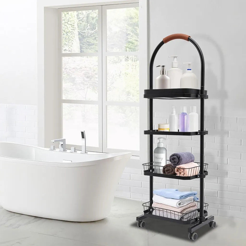 Rayonnage mobile à roulettes 4 niveaux - Châssis acier noir ultra stable