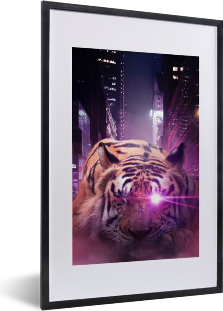 MuchoWow MuchoWow Gerahmtes Poster Tiger - Laser - Lila 40x60 cm - Poster mit zchwarzem Bilderrahmen - Poster in Rahmen
