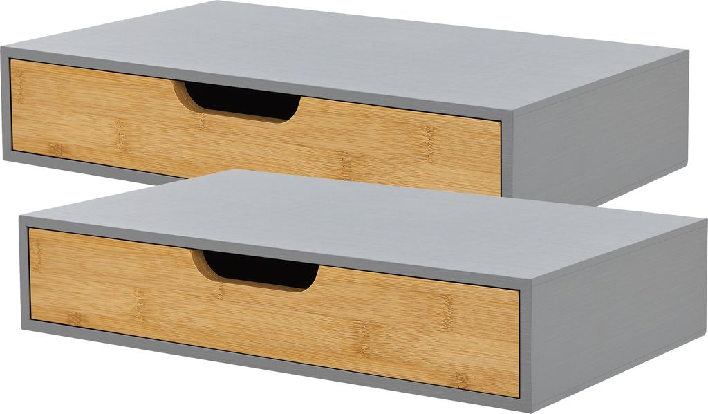 Two identical wall shelves with drawers are stacked on top of each other against a white background.