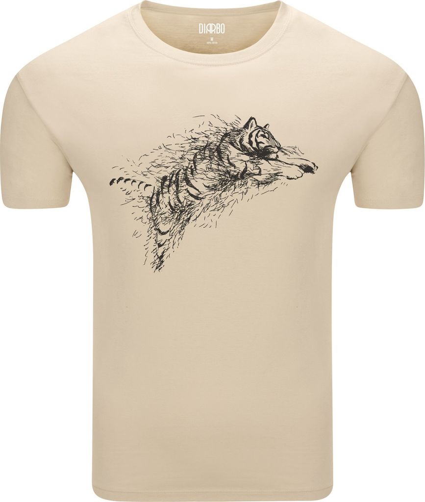 Diarbo Herren T-Shirt mit Tierliebhaber Druck Skizze Eines Springenden Tigers Beige Gr.L