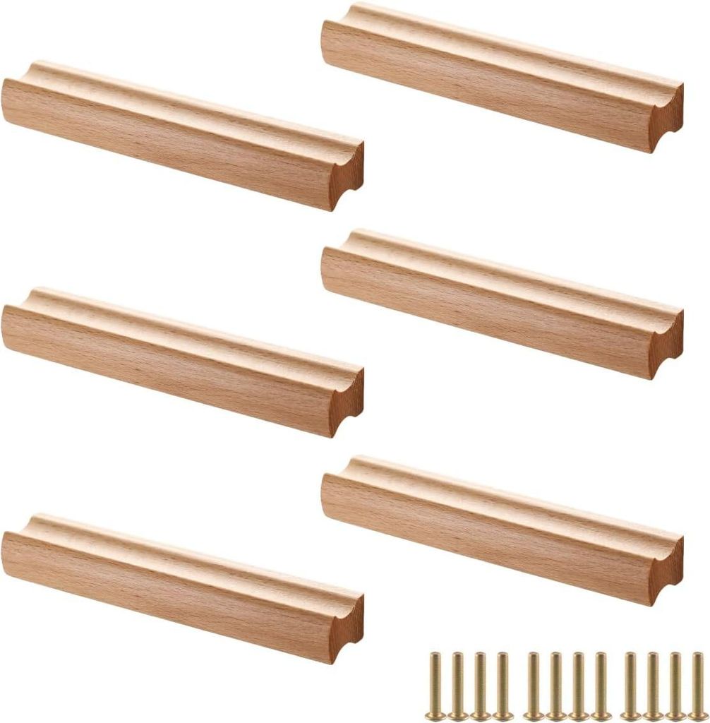 6 Stück Möbelgriffe Holz, Schrankgriffe Holz mit Schrauben, Lochabstand 160 mm, für Schränke, Bäder, Büros und Küchen