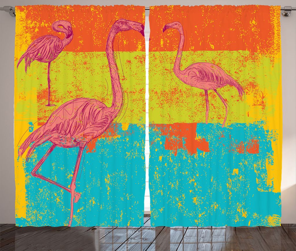 ABAKUHAUS Flamingo Rustikaler Gardine, Retro Vintage Flamingo, Schlafzimmer Kräuselband Vorhang mit Schlaufen und Haken, 280 x 175 cm, Mehrfarbig
