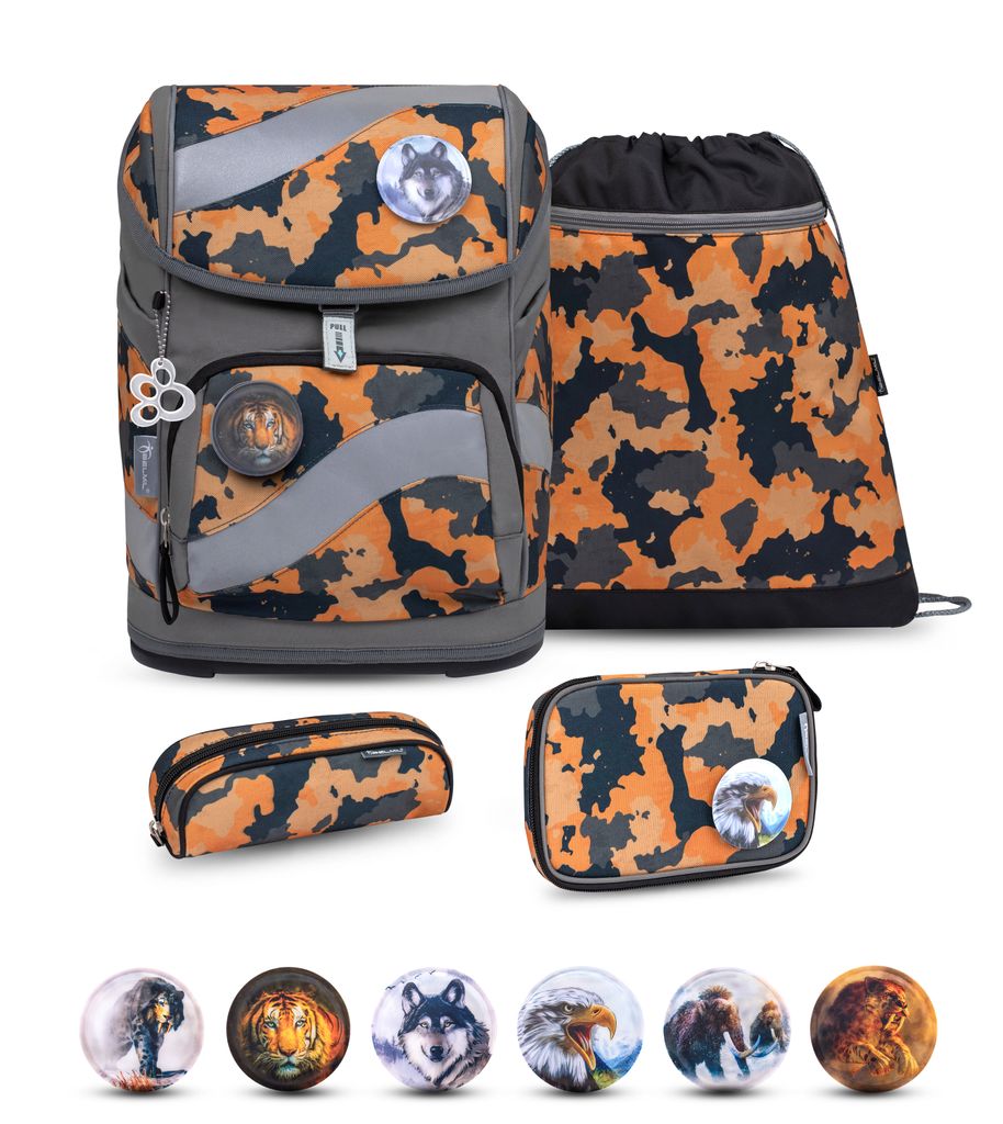 Belmil Smarty ergonomisches Schulranzen Set 5-teilig "Orange Camouflage" mit Brustgurt, Hüftgurt, Magnetverschluss,Patch Set 6 Stück