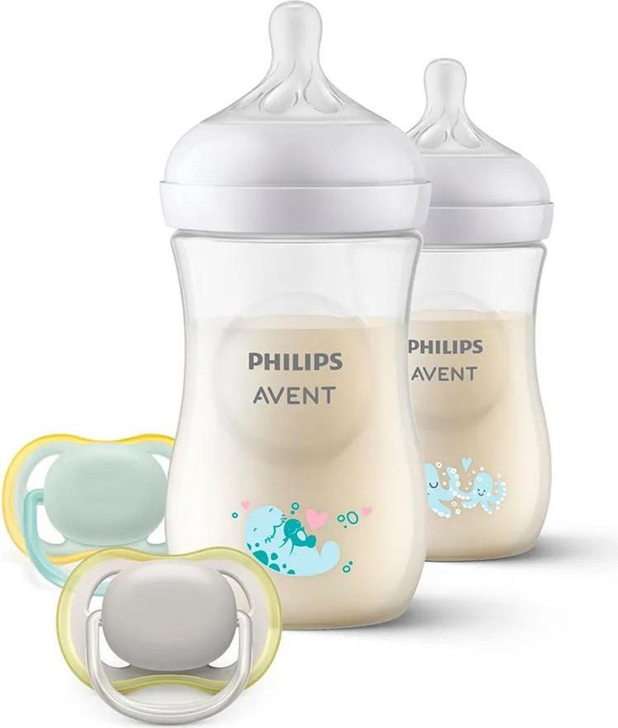 Two Philips Avent baby bottles and two pacifiers are displayed against a white background.
