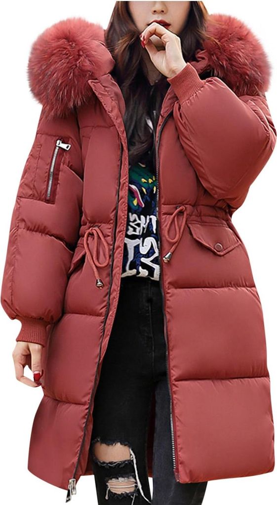 ASKSA Damen Mantel Wintermantel Lang Puffer Daunenmantel Winterjacke Parka Jacke Winter Warm Elegant Daunenjacke mit Kapuze (Rot,L)