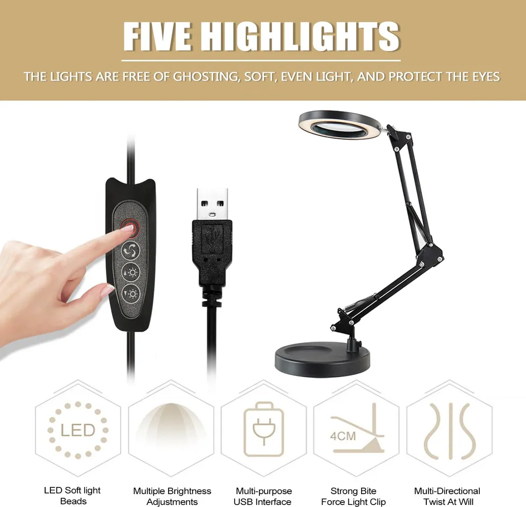 Lampe LED grossissante 5X alimentation USB avec gradation triple mode