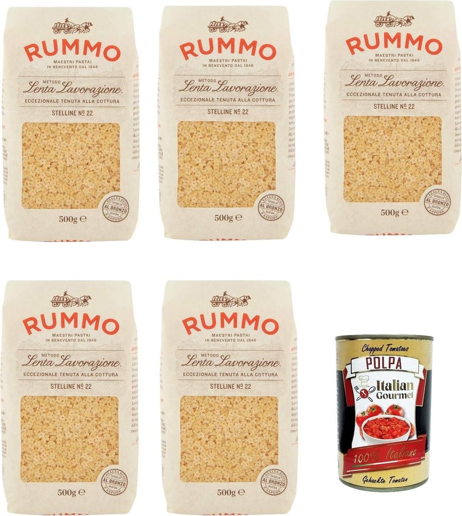 Rummo Stelline N°22 Pasta Lenta Lavorazione Teigwaren aus Hartweizengrieß Bronze-Zeichnung 5x 500g + Italian Gourmet polpa 400g
