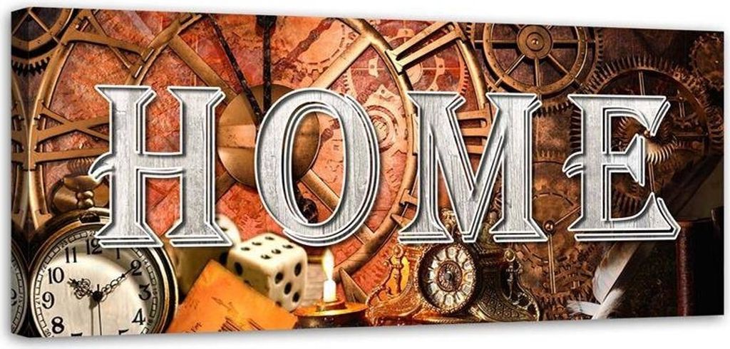 Leinwandbild home lettering und retro-uhren 90x30 cm Feeby braun wandbild bereit zum aufhängen