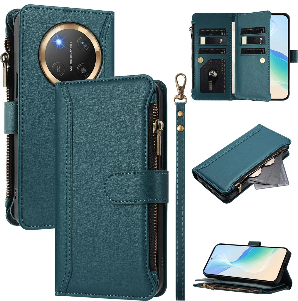 Custodia per Honor X9C/Magic7 Lite, con cerniera, portafoglio, custodia flip in Finto cuoio con tasche per carte, supporto e passante per la mano verde
