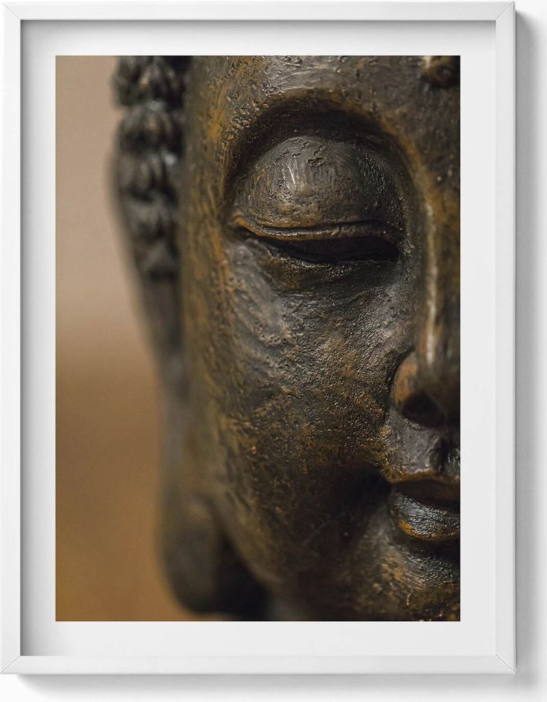 Gesicht einer Zen-Buddha-Statue– Wandbild mit Rahmen – Gerahmtes Bild – Wanddekoration – 60x80 cm – Weiß Rahmen